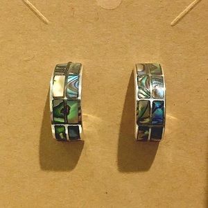 Abalone Mosaic Inlay Sterling Silver Demi Hoop Earrings